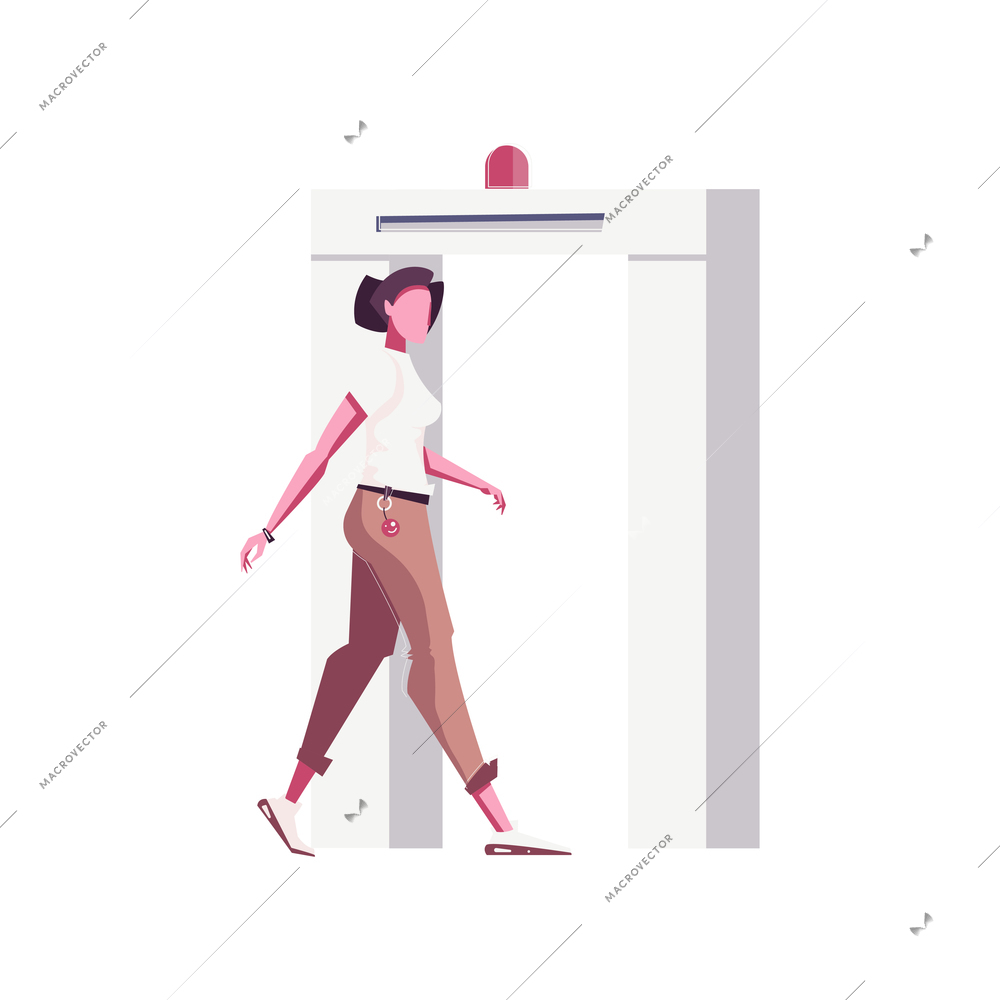 Security control icon with woman going through metal scanner flat vector illustration