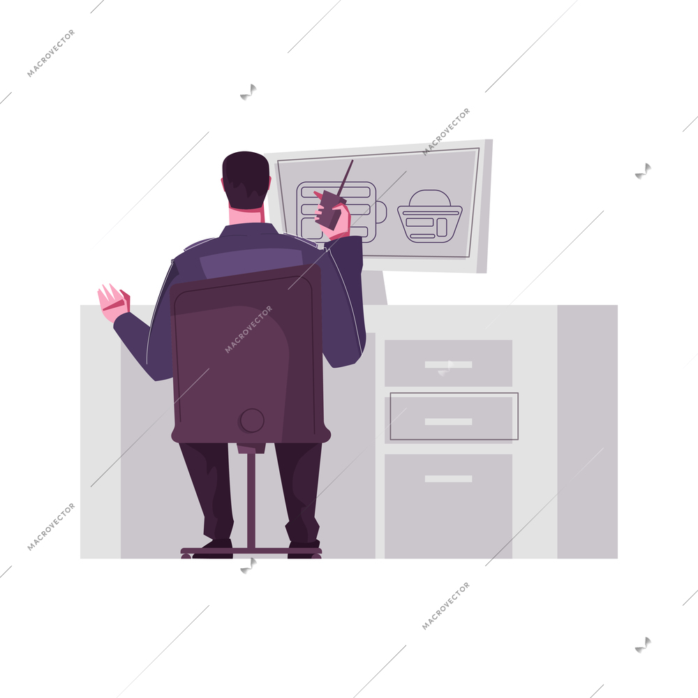 Guard officer monitoring luggage scanning on computer flat vector illustration