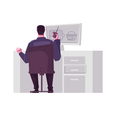 Guard officer monitoring luggage scanning on computer flat vector illustration