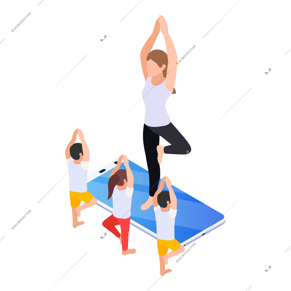 Kids having physical education online lesson isometric vector illustration