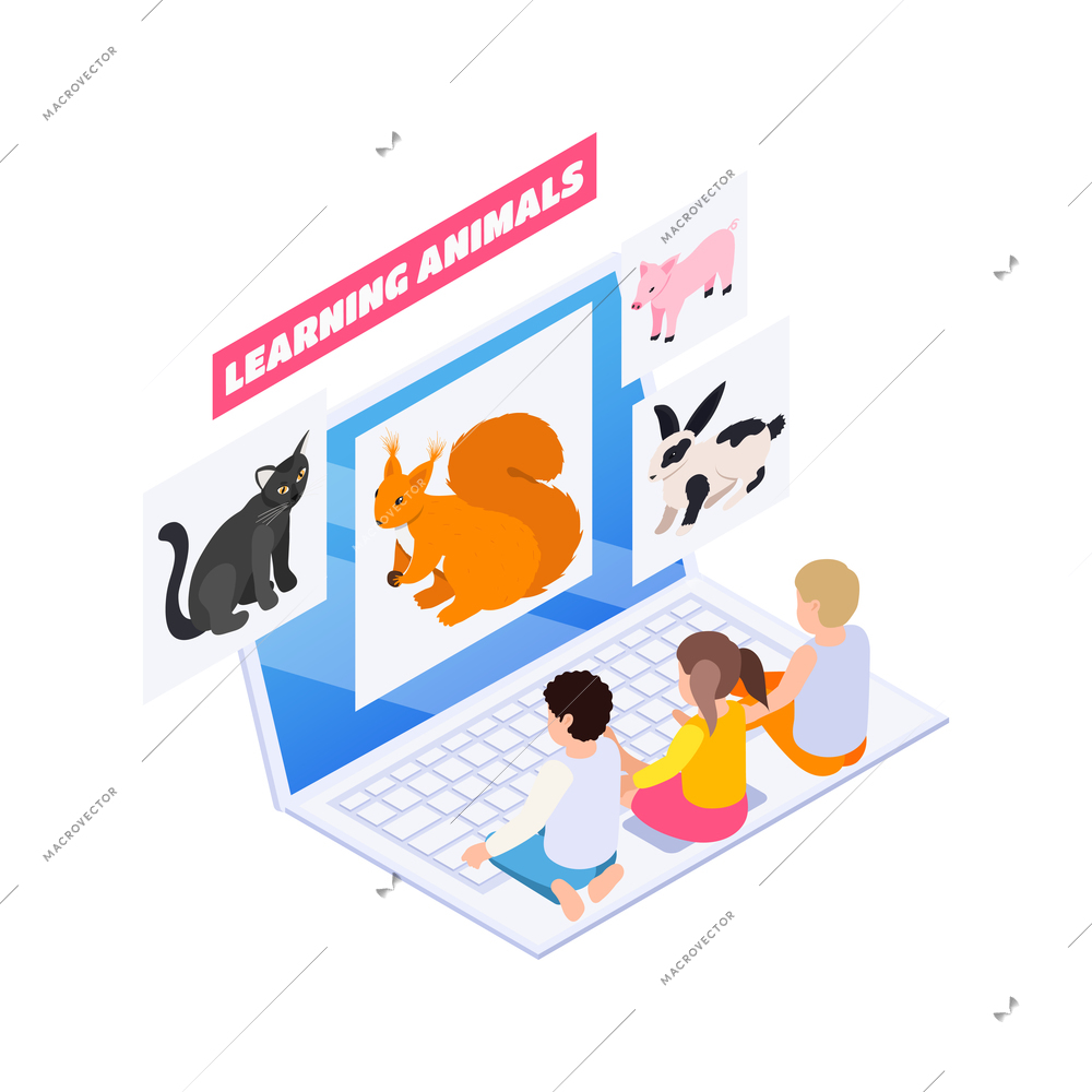 Isometric home education with little children learning animals online on laptop vector illustration