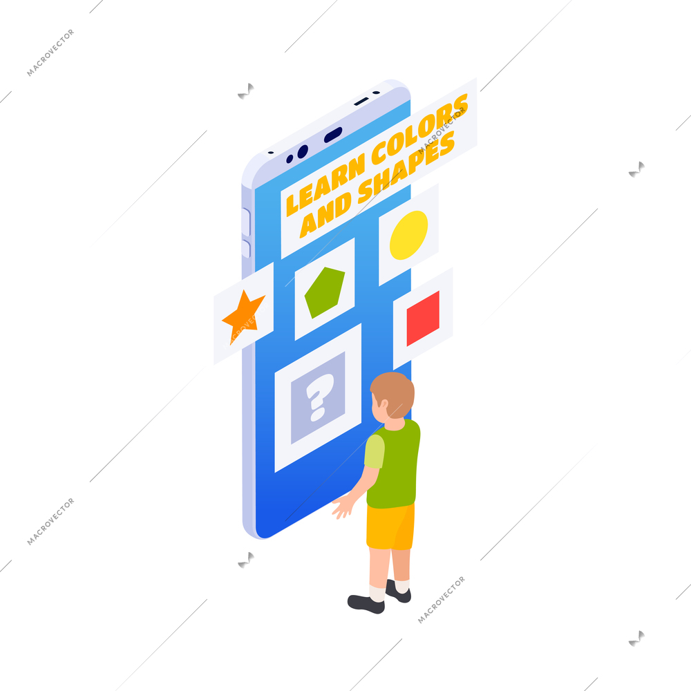 Isometric distant kindergarten with boy learning shapes and colors on smartphone isometric vector illustration