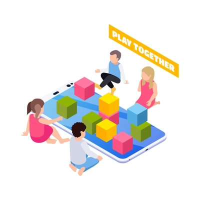 Distant kindergarten isometric icon with smartphone and children playing with blocks vector illustration