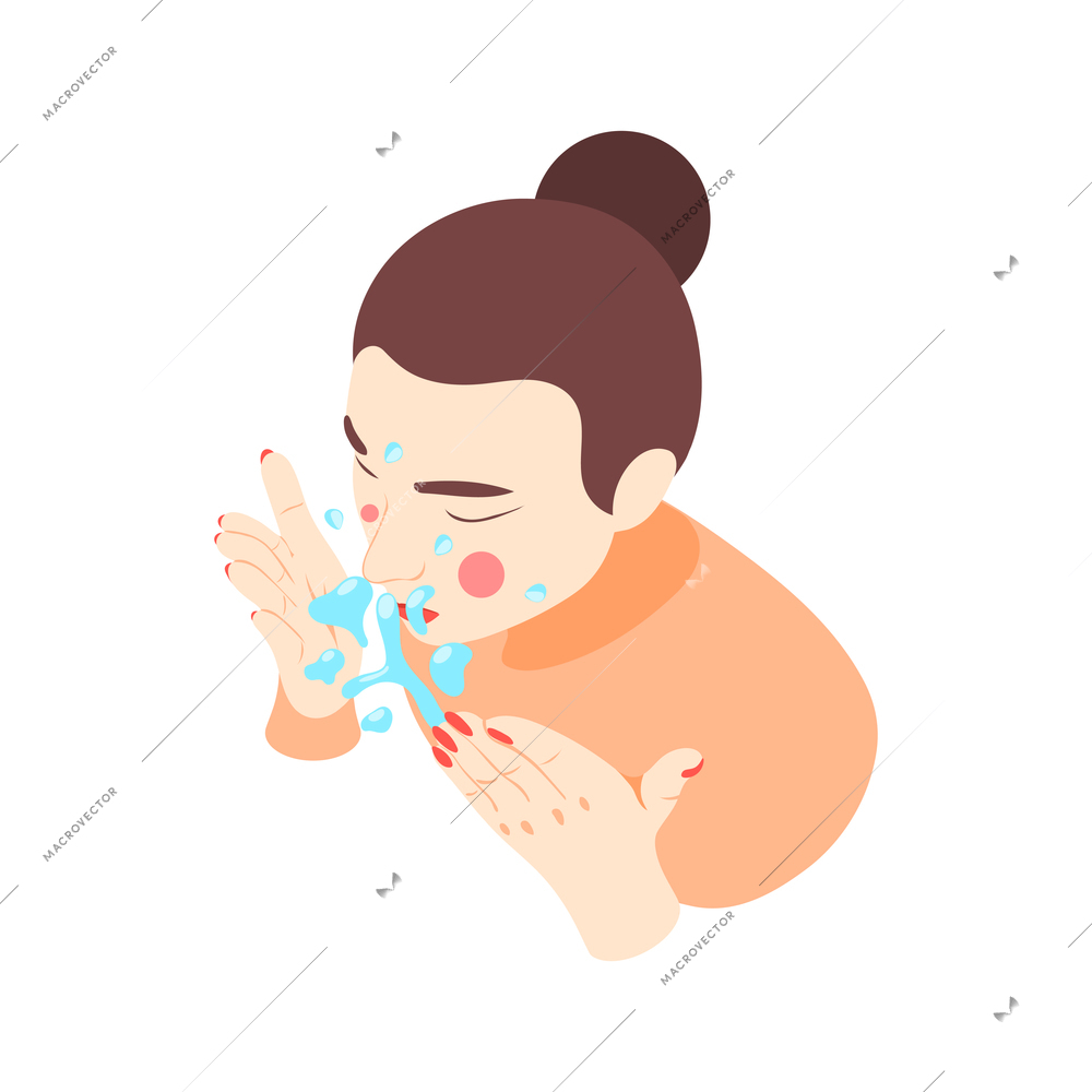 Skin care isometric icon with female character washing face 3d vector illustration
