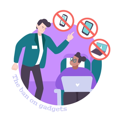 Ban on gadgets during flight flat composition with angry steward asking passenger turn off laptop vector illustration