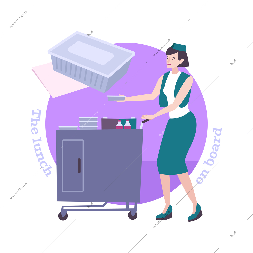 Stewardess giving lunch on board during flight flat vector illustration