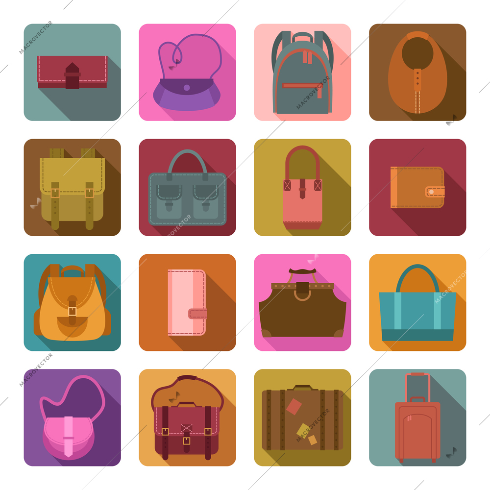 Women fashion and travel baggage bags colored flat icons set isolated vector illustration