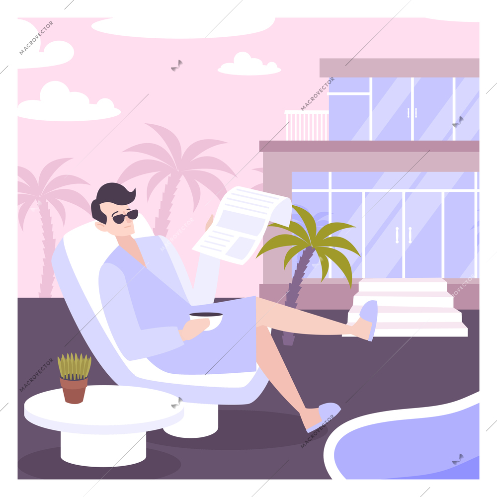 Rich people in glasses relaxing outdoors near his villa flat vector illustration