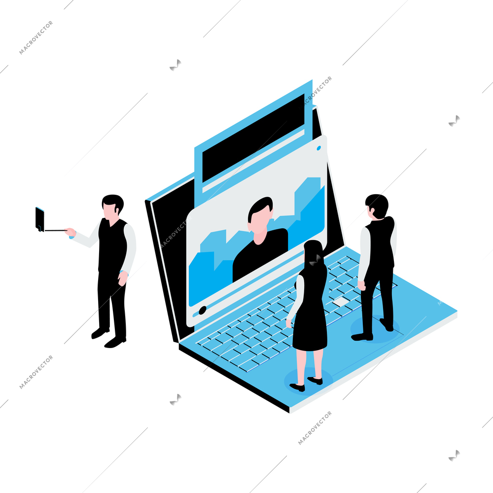 Isometric icon with people watching internet content in social media 3d vector illustration
