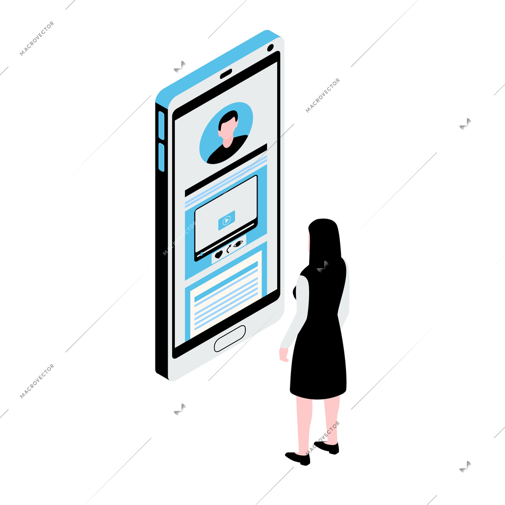 Social media network icon with female characters and smartphone 3d isometric vector illustration