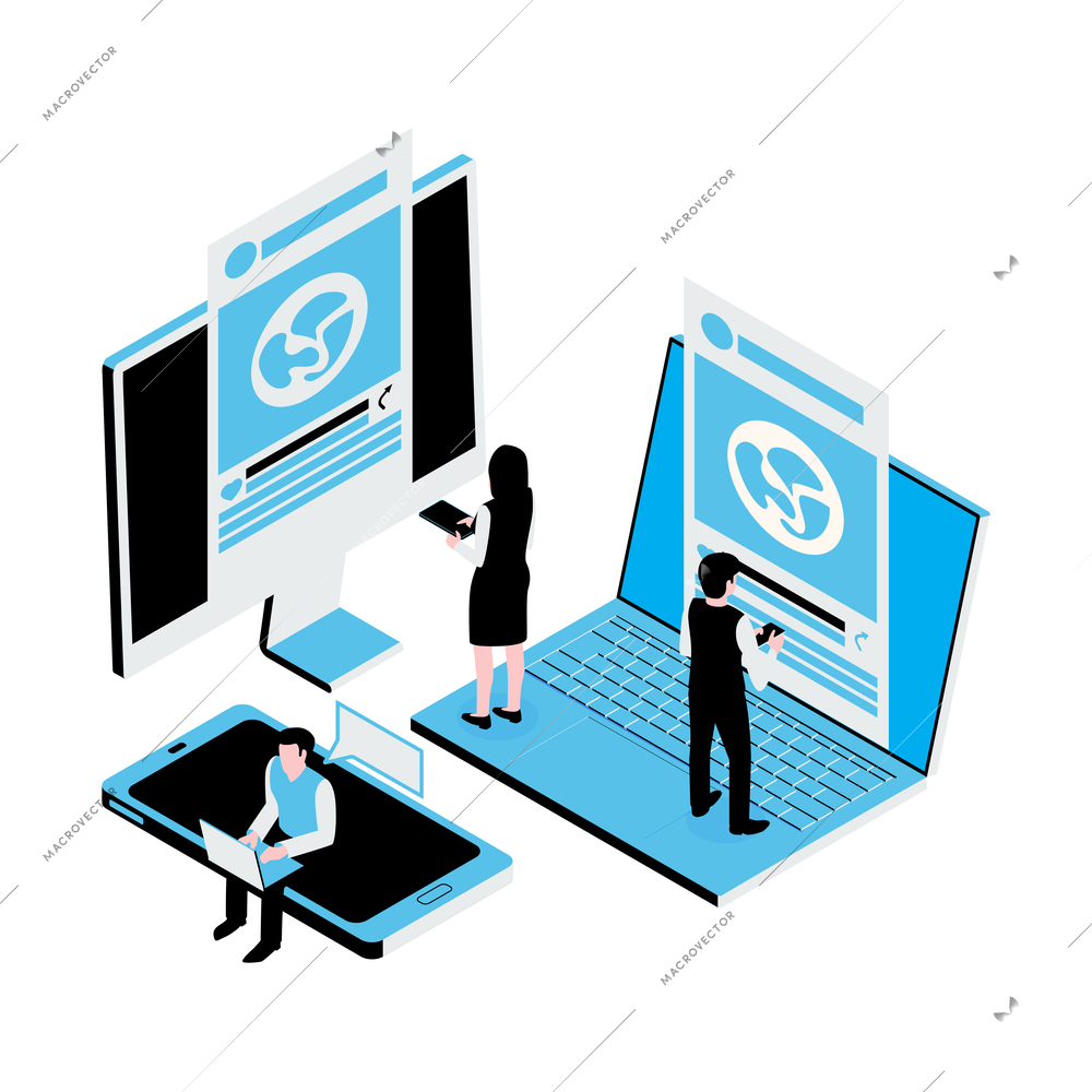 Social media isometric icon with characters watching online content 3d vector illustration