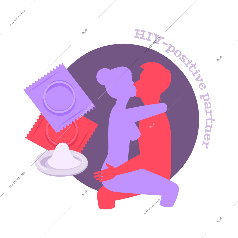 Hiv positive partner flat composition with condoms and characters having sex vector illustration