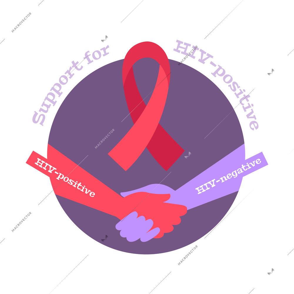 Colorful support for hiv positive composition with red ribbon and human hands vector illustration