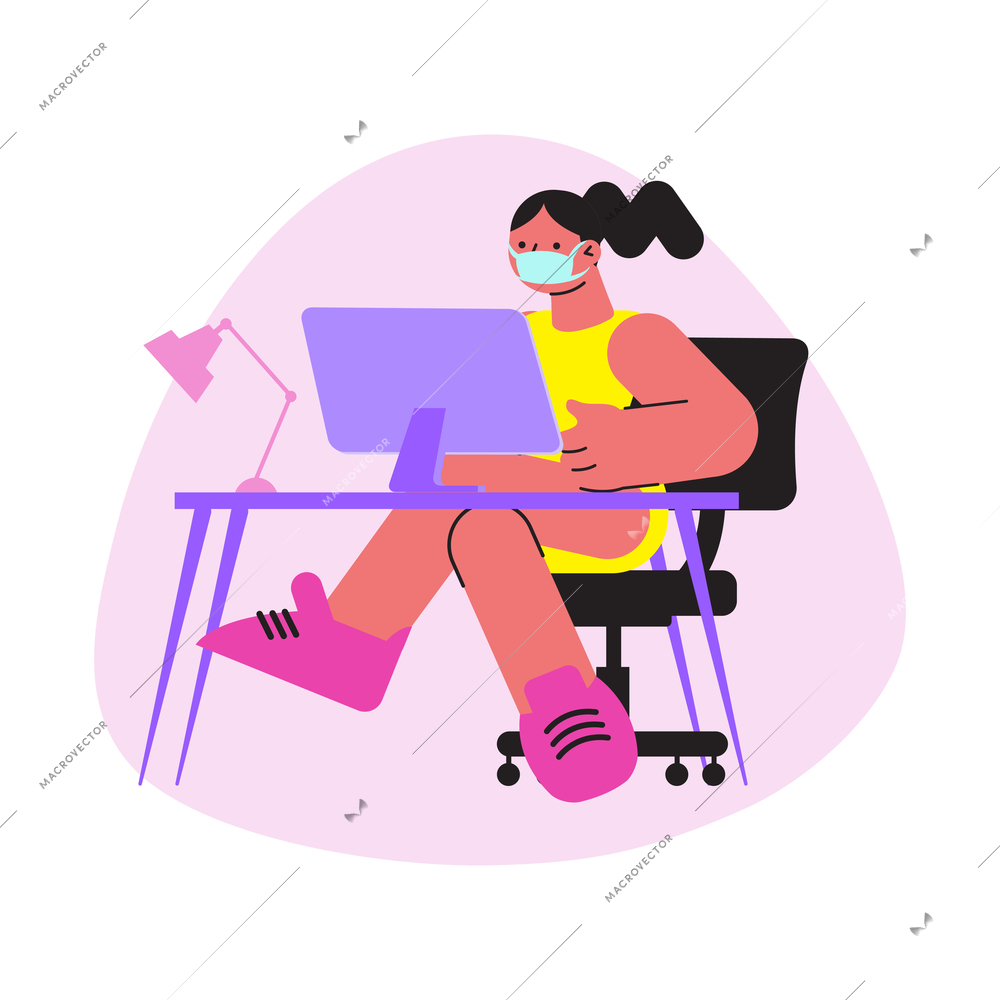 Coronavirus flat composition with character working on computer in medical mask vector illustration