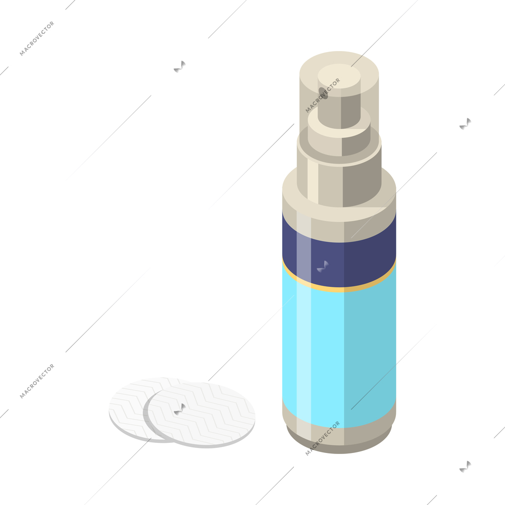 Isometric icon with cotton pads and bottle of cosmetic gel or oil for skin care isolated vector illustration