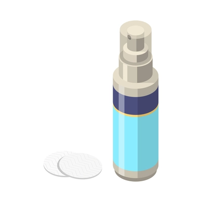 Isometric icon with cotton pads and bottle of cosmetic gel or oil for skin care isolated vector illustration