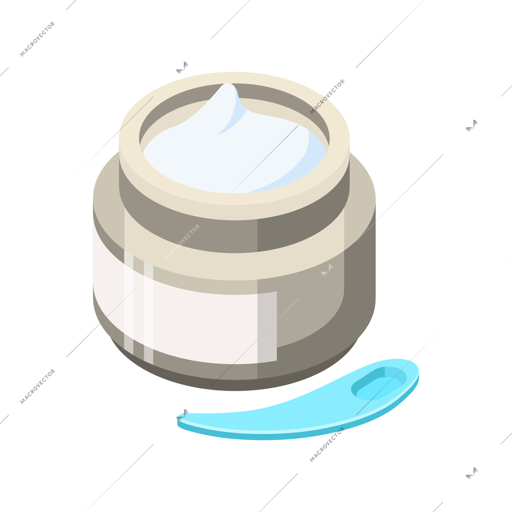 Isometric icon with jar of face cream and tool for applying vector illustration