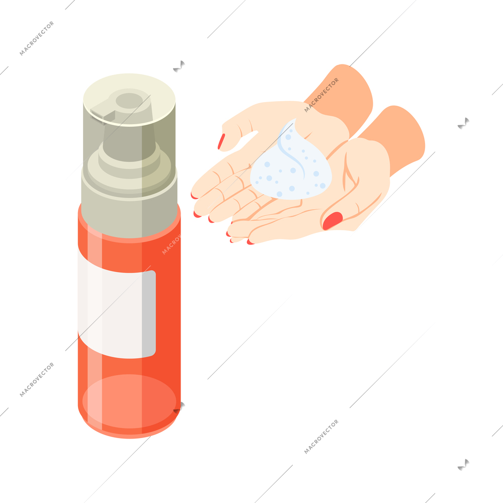 Skin care isometric icon with human hands and bottle of facial wash 3d vector illustration