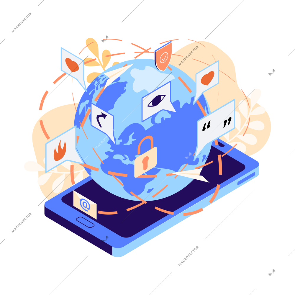 Social media global communication isometric concept with smartphone and globe 3d vector illustration