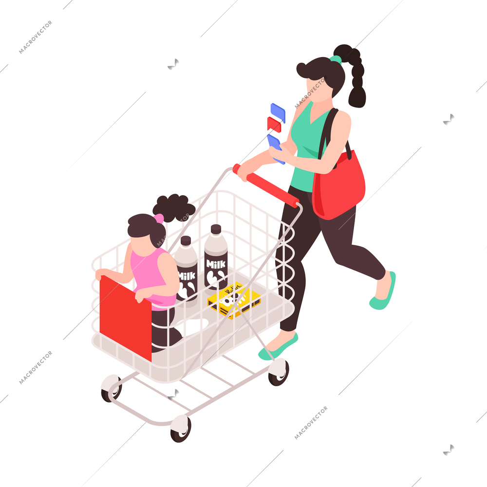 Super mum doing shopping with her daughter while answering text messages isometric icon vector illustration