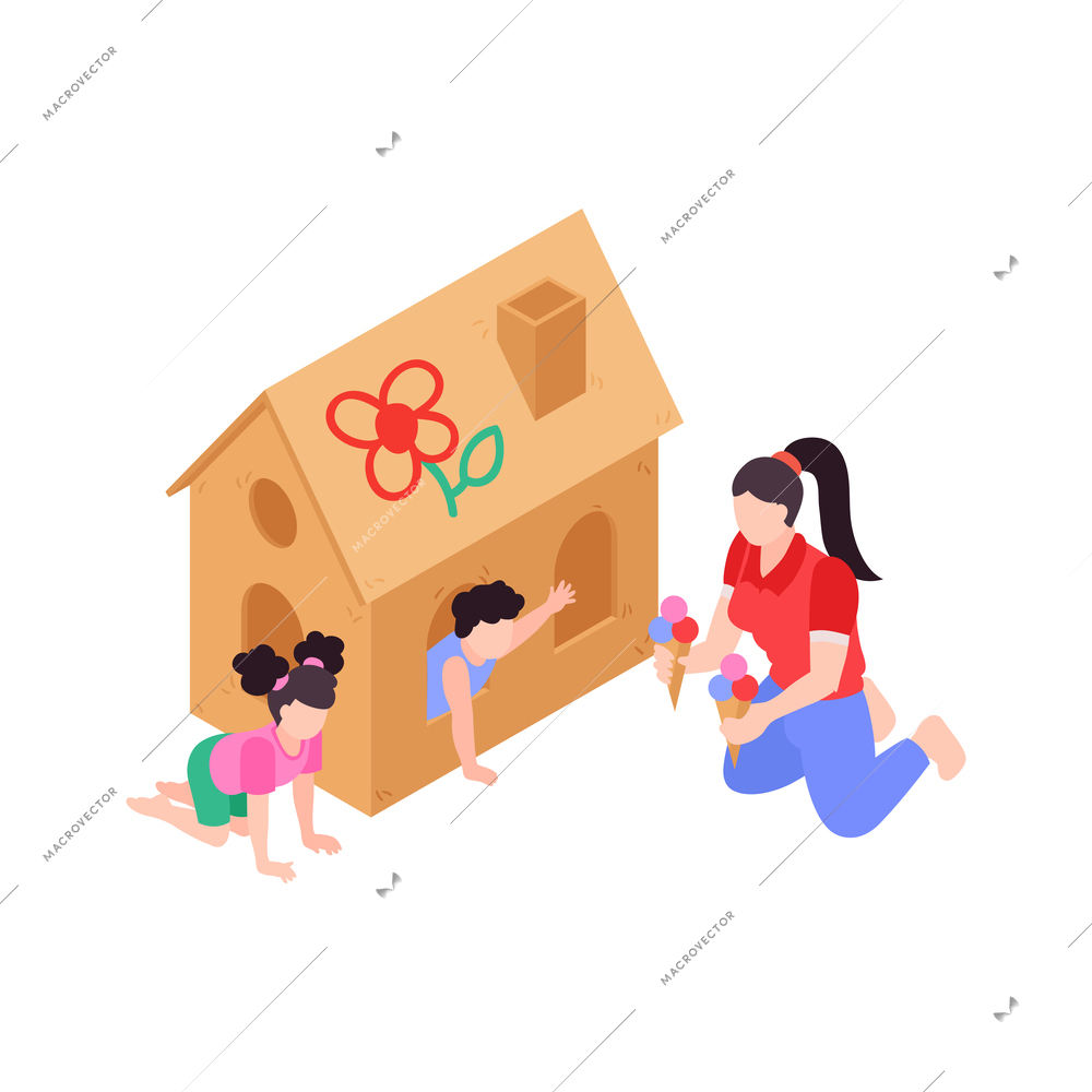 Mum giving ice cream to children on playground 3d isometric vector illustration