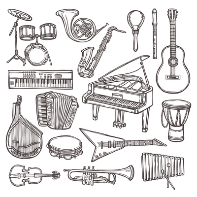 Music instruments sketch icon set with drum violin guitar isolated vector illustration