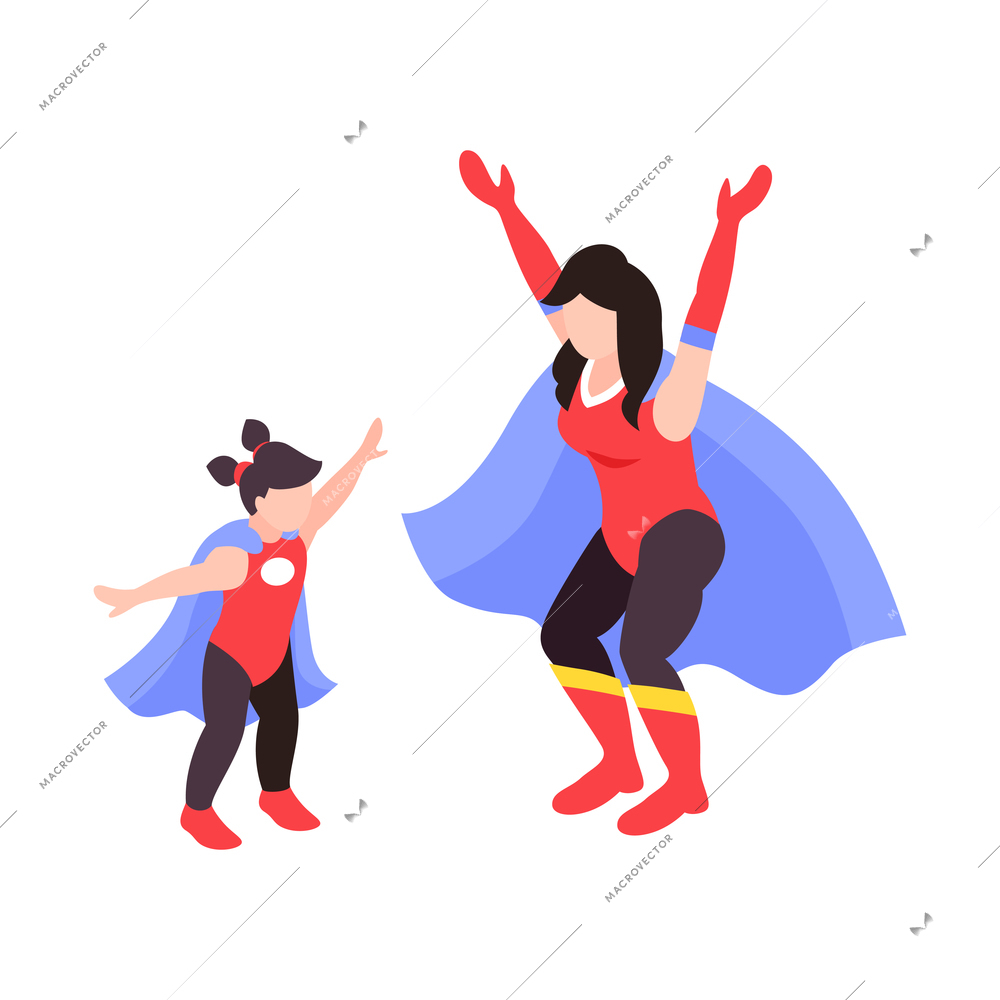 Isometric icon with characters of super mom and daughter isolated vector illustration