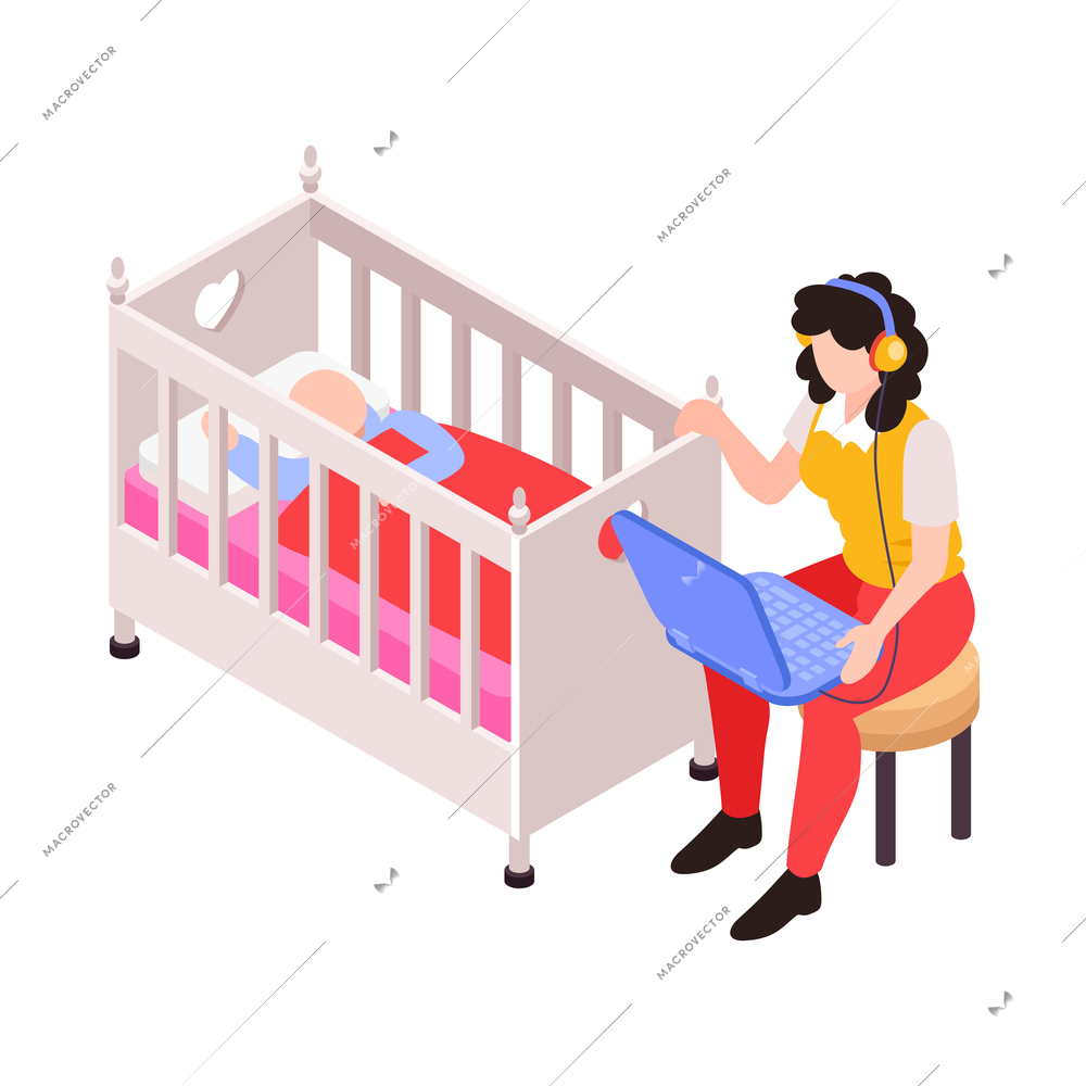 Isometric icon with mum working on laptop while rocking her baby in cradle vector illustration