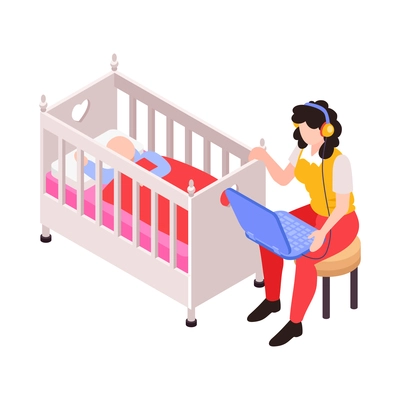 Isometric icon with mum working on laptop while rocking her baby in cradle vector illustration