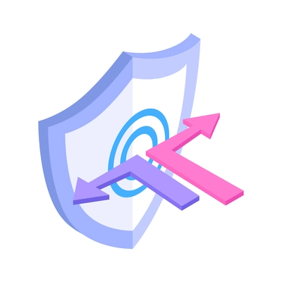 Isometric cyber security icon with 3d shield reflecting hacker attack vector illustration