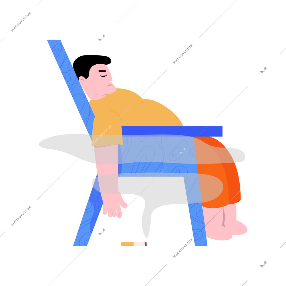 Overweight asleep man dropping burning cigarette on floor flat vector illustration