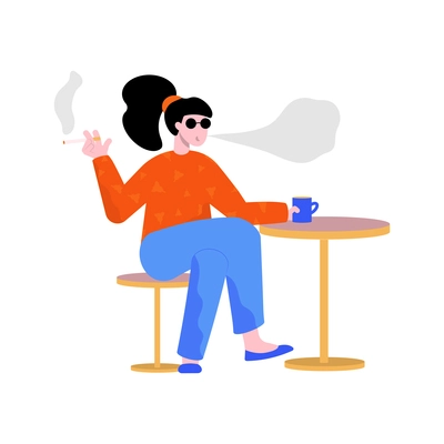 Flat icon of female smoker with cigarette and cup of coffee vector illustration