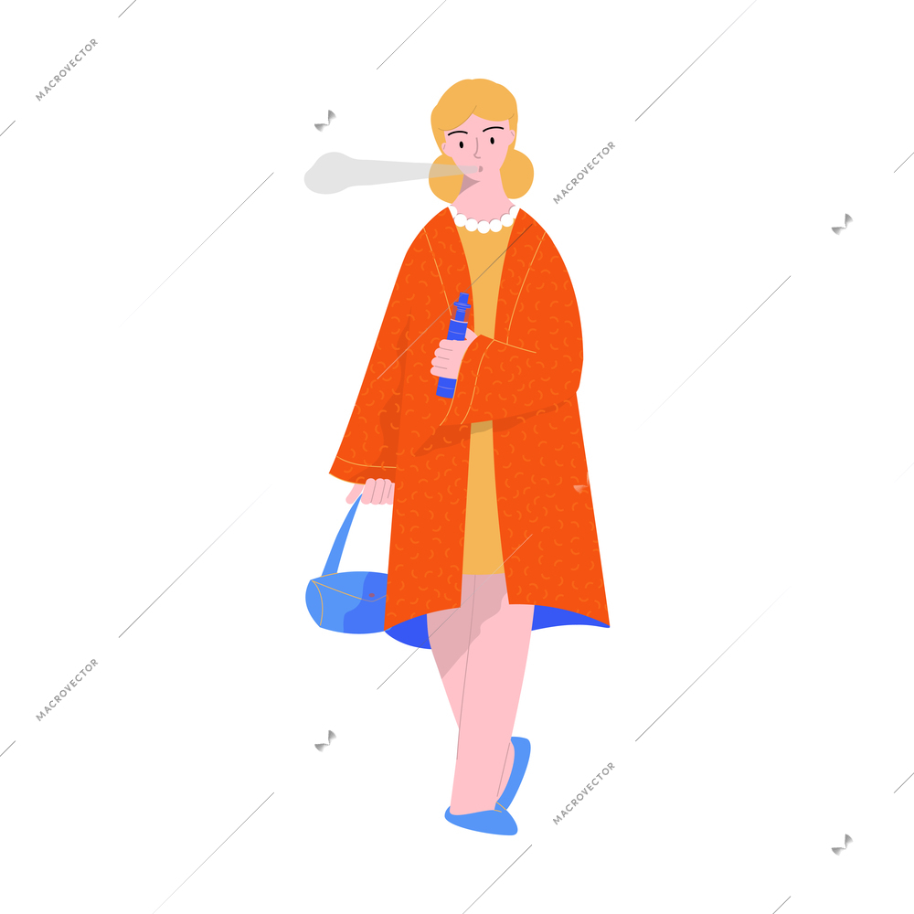 Female character smoking electronic cigarette flat vector illustration