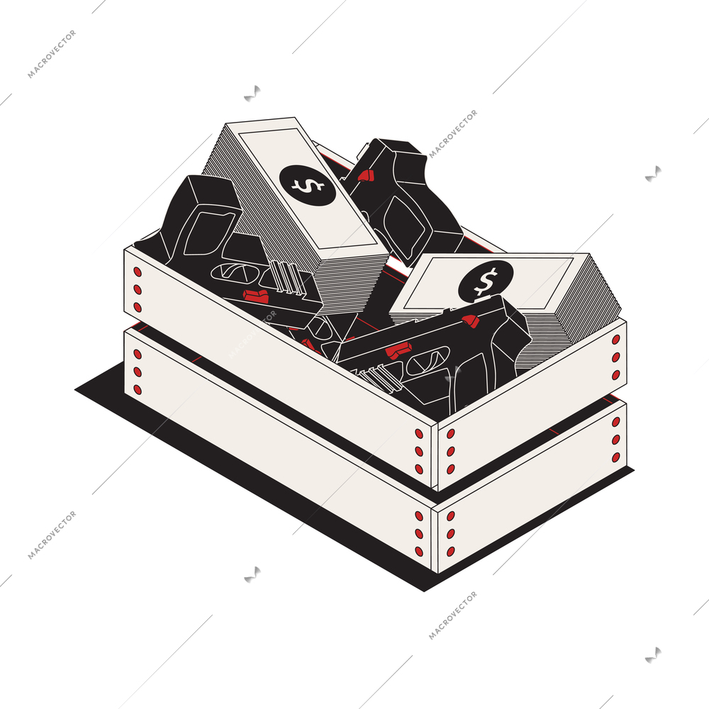 Dirty money icon with stacks of money and weapons in box 3d vector illustration