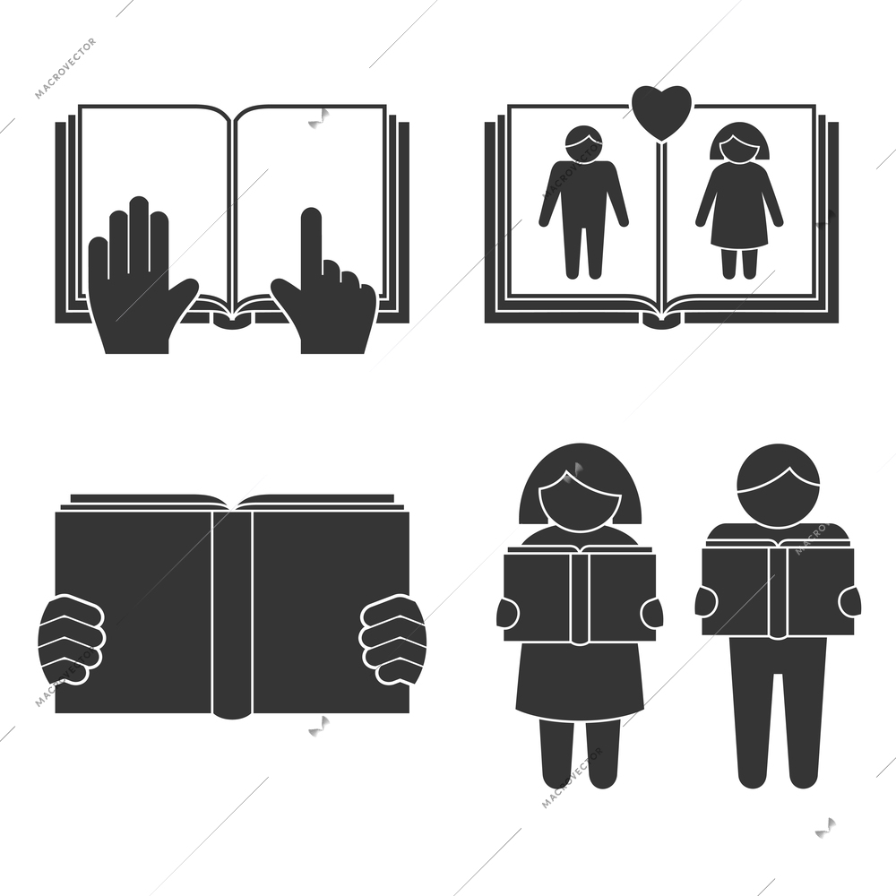 Book reading icons set with black people silhouettes isolated vector illustration.