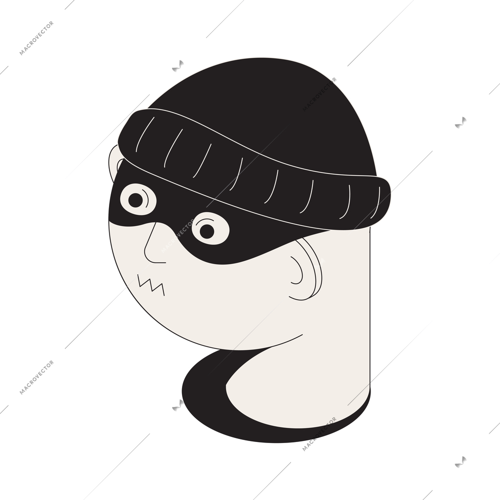 Isometric icon with face of criminal in black hat vector illustration