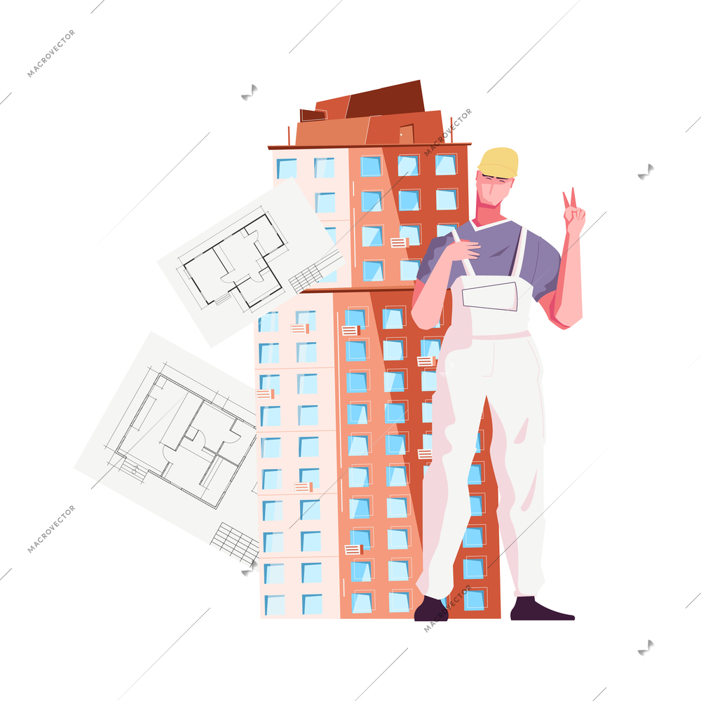 Flat composition with architect many storeyd building and drawings vector illustration
