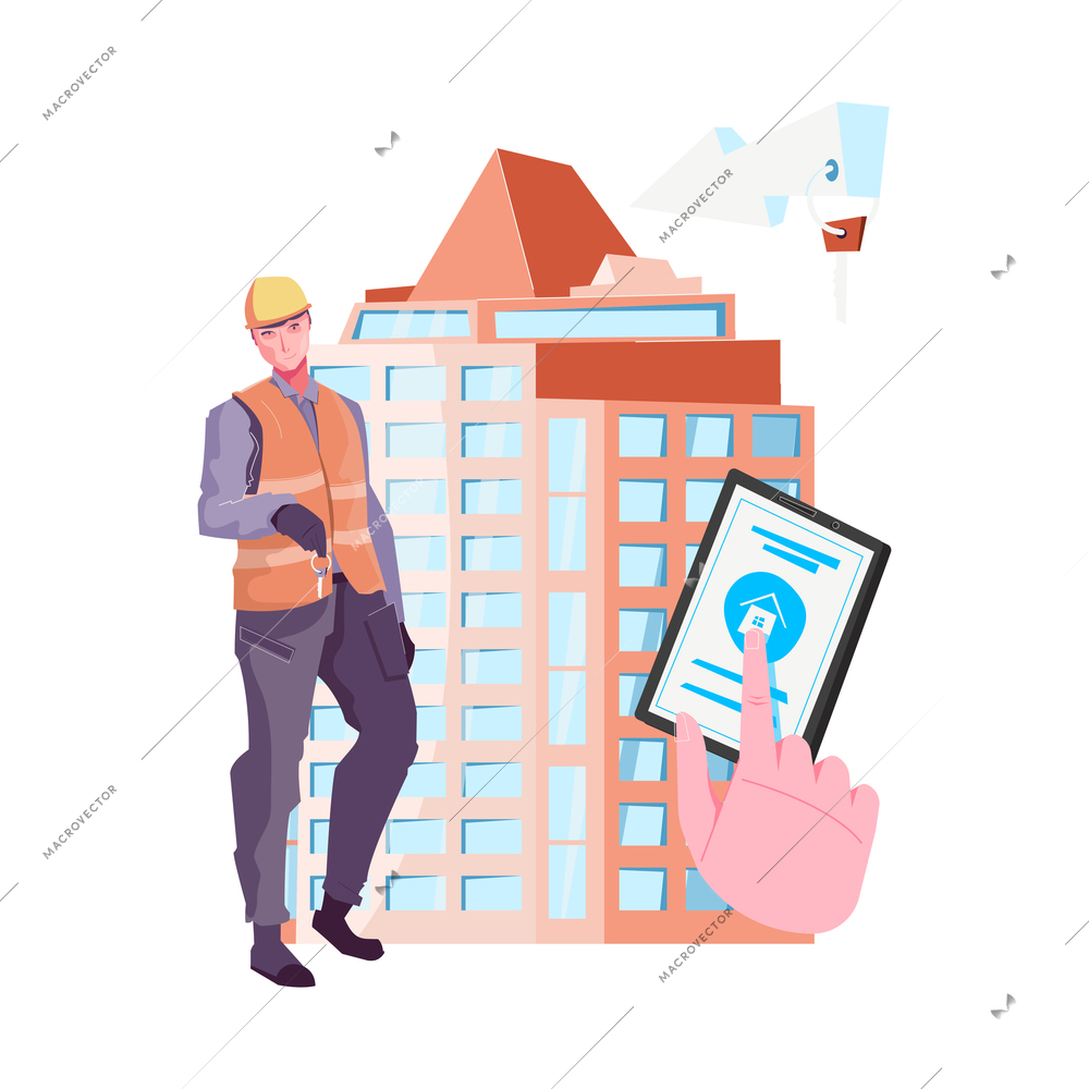 Flat composition with builder holding key and many storeyed house vector illustration