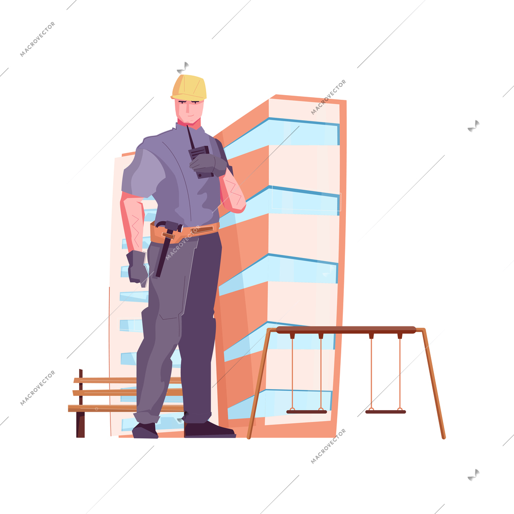 Flat composition with character of foreman on background with modern building and playground vector illustration