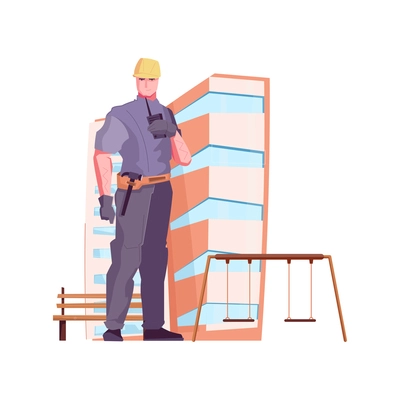 Flat composition with character of foreman on background with modern building and playground vector illustration