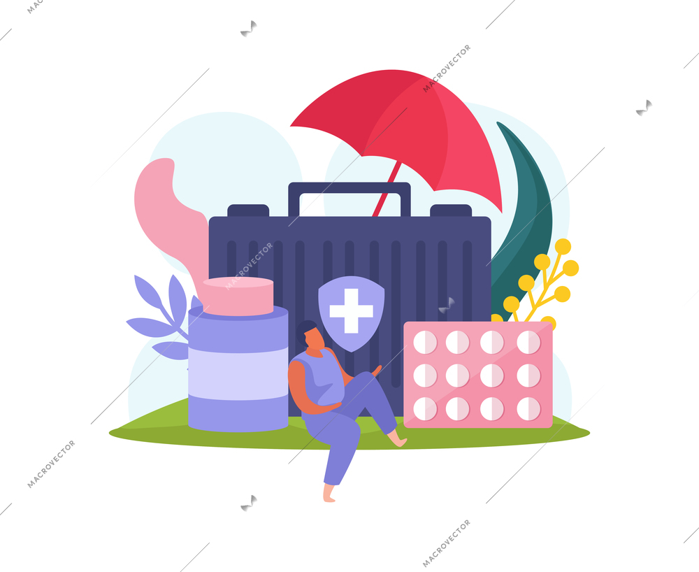 Health insurance icon with colorful flat medication umbrella and female character vector illustration