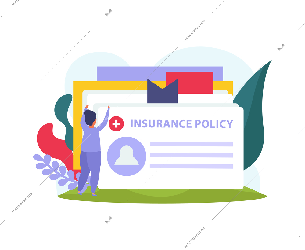 Flat composition with human character and health insurance policy vector illustration