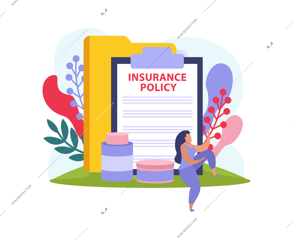 Flat colorful health insurance icon with contract folder medication and female character vector illustration