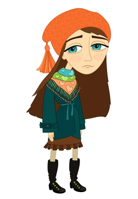 Sad girl standing alone and not smiling template isolated vector illustration