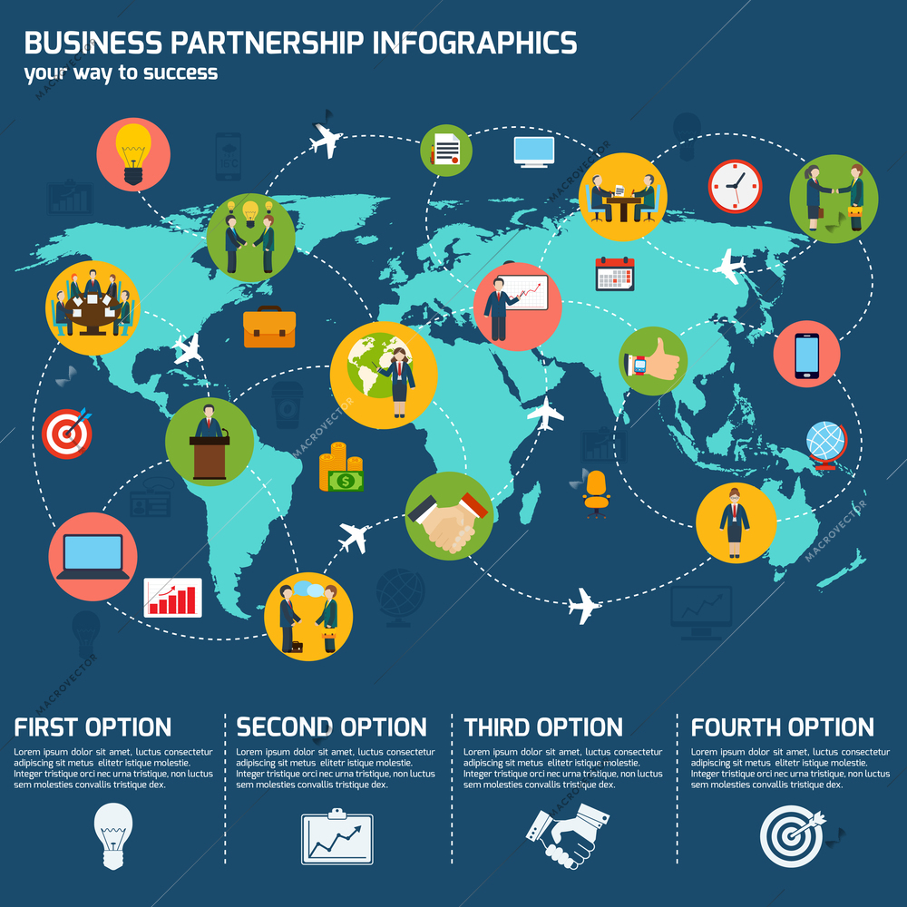 Business meeting partnership infographic set with charts and world map vector illustration