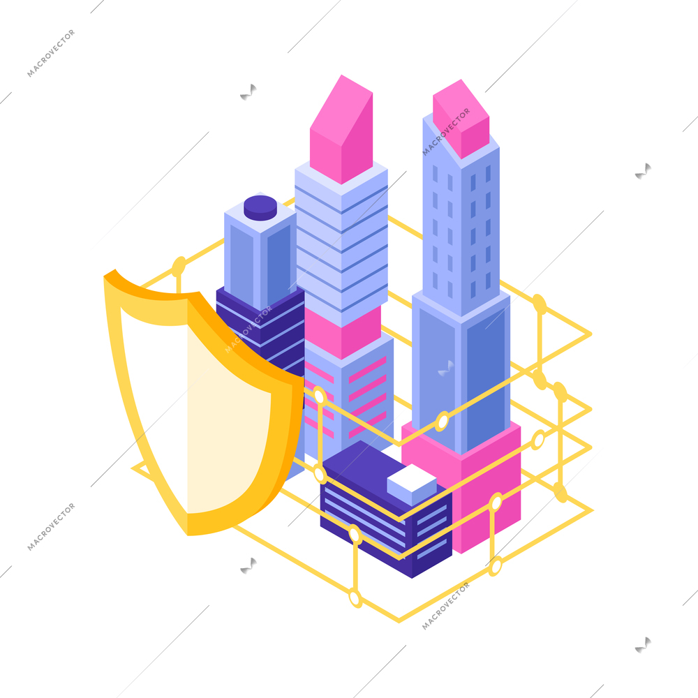 Cyber security 3d concept with isometric city buildings protected with shield vector illustration