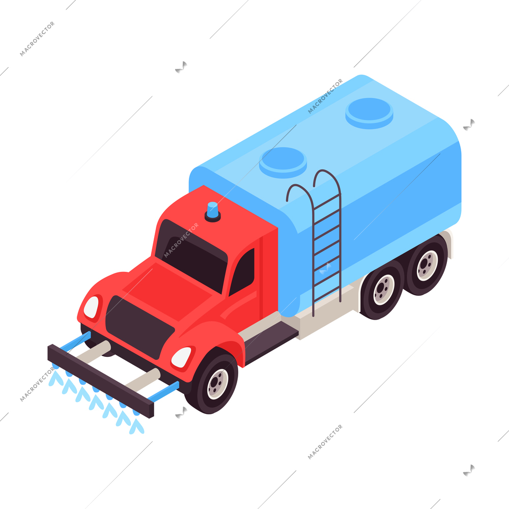 Red and blue street flusher machine isometric icon on white background 3d vector illustration