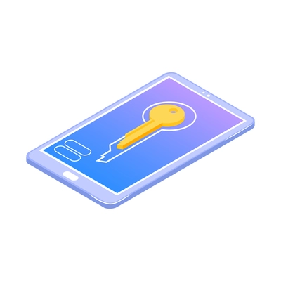 Cyber security data protection isometric icon with key on smartphone screen vector illustration