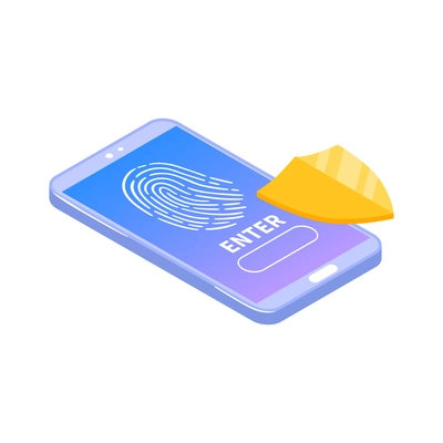 Cyber security biometrics identification icon with fingerprint scan on smartphone isometric vector illustration