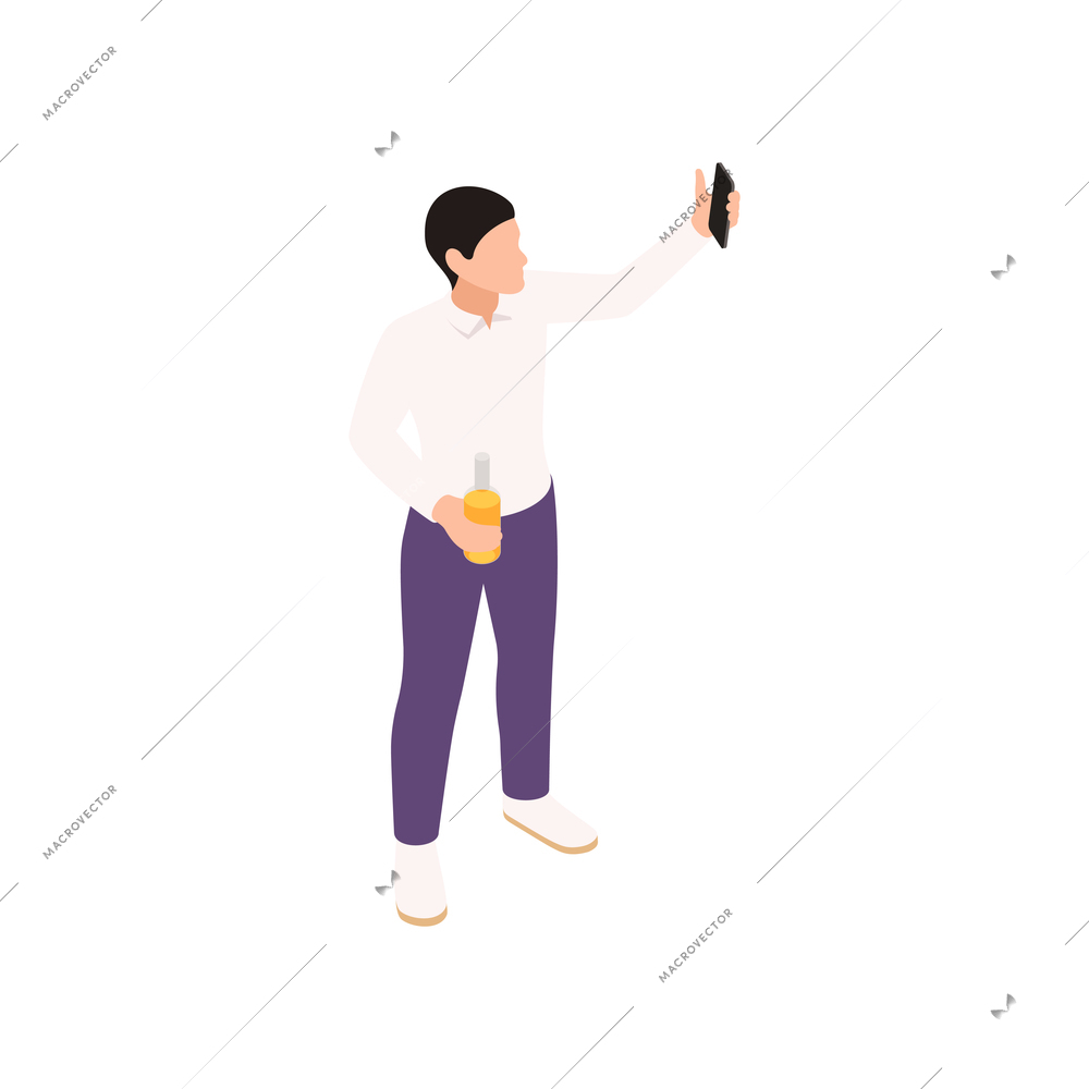 Isometric party icon with character with bottle of beer and smartphone 3d vector illustration